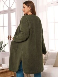 EMERY ROSE Plus Size Women Autumn/Winter Casual Vacation Fuzzy Army Green Solid Color Jacket With Pockets, Fall - Army Green - View 6