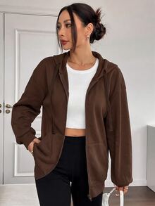 SHEIN EZwear Casual Baggy Sports Brown Open Front Hooded Plus Size Jacket Autumn Going Out Club - Chocolate Brown - View 6