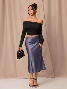 SHEIN PETITE 黑色高腰純色緞面質感裙，適合舞蹈與日常穿著 - 灰色 - 查看 5