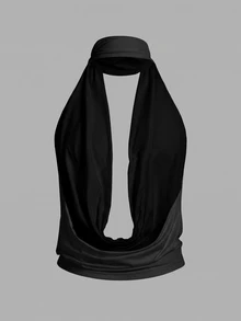 SHEIN ICON 女款純色垂領休閒百搭日常穿搭掛脖上衣 - 黑色 - 查看 5