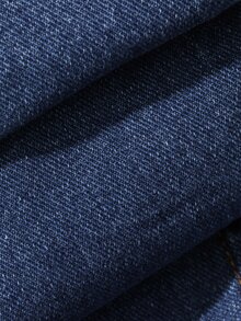 Strévra Women's Blue Denim Midi Dress With Turn-Down Collar, Button Pocket Decor, Cinched Waist And Ruffle Hem, Autumn - Blue - View 7