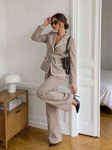 Easowa Women's Piped Long Sleeve Jacket And Pants Casual Commute Suit Set - Khaki - View 4