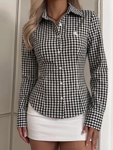 SHEIN EZwear Women's Knight Embroidery Street Plaid Button Shirt - Black and White - View 3