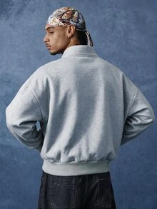 PAVTROS Men's Casual Zip-Up Sweatshirt-Less Sweatshirt, Heather Grey Knit Fabric, Stand Collar, Small Logo, Colorblock Design - Grey - View 2