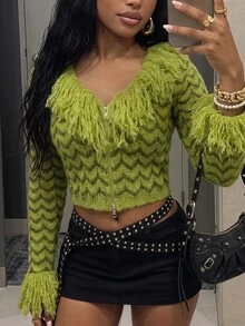 Fiercella Fiercella Women's Wavy Pattern Colorblock Casual Versatile Long Sleeve Sweater - Green - View 6