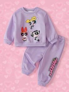 THE POWERPUFF GIRLS X SHEIN Baby Girl Cartoon Print Sweatshirt & Sweatpants Set - Purple - View 1