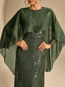 Coutiva 女款優雅派對亮片披肩正式晚禮服 - 軍綠色 - 查看 6