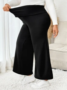 Plussiva Plus Size Maternity Solid Color Adjustable Waist Casual Daily Long Pants - Black - View 5
