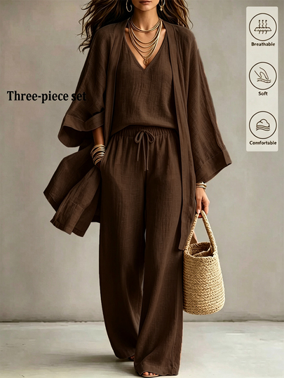Trelyra Women's Summer Casual Vacation Apricot Jacket, Camisole And Long Pants 3 Pieces Set, Outerwear With Camisole And Long Pants Apricot Outfit, Summer, Autumn And Winter For Women, Women's Apricot Casual Outfit, Women's Summer Vacation Outfit 3 Pieces Set,