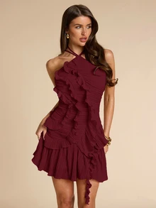 SHEIN BAE Spring/Summer Women's Pink Halter Pleated Exquisite Split Mini Dress, Wedding Guest Dress, Valentine's Day Dress, Pink Dress - Burgundy - View 6