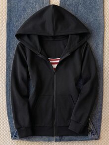 青少年女孩休閒運動風灰色小馬刺繡裝飾連帽開襟運動衫 - 黑色 - 查看 6