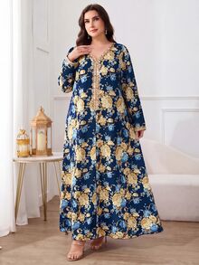 Al Najma 大尺碼女款 V 領花卉印花休閒派對阿拉伯風洋裝 - 藏蓝色 - 查看 7