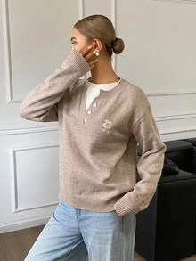 DAZY Women's Wool Letter Print Casual Versatile Daily Wear Long Sleeve Sweater, Autumn - Coffee Brown - View 5