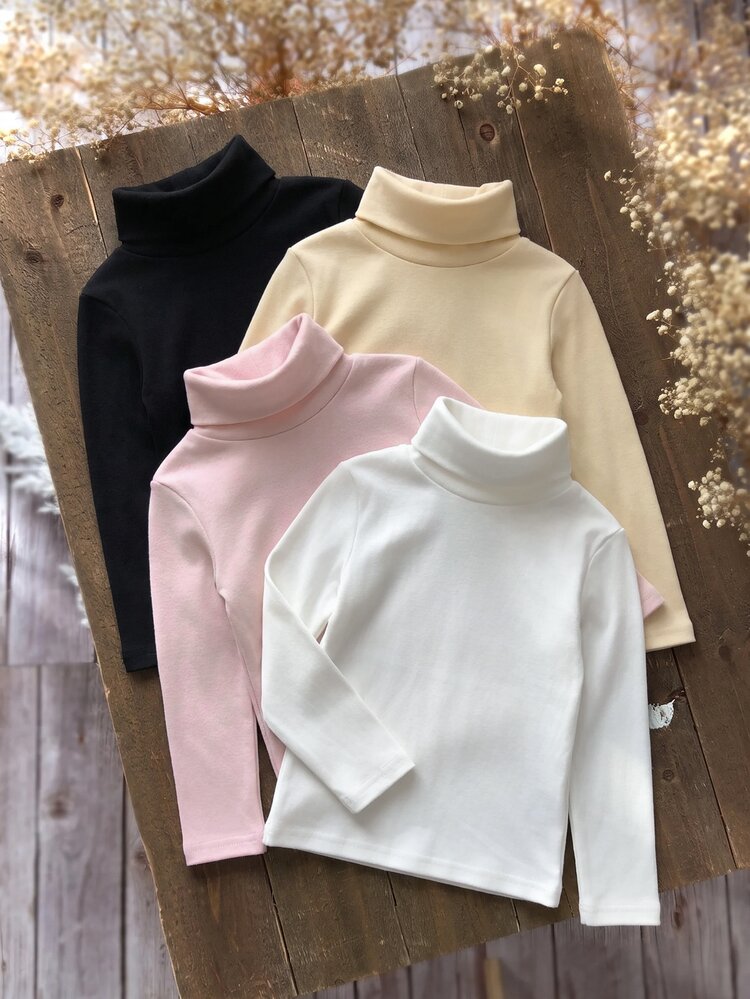 SHEIN 4pcs/Set Young Girls High Kids Neck Ribbed Knit Casual T-Shirt, High Collar Layer T-Shirt, Autumn Clothes, Suitable For Daily Casual Wear, Young Girl - Multicolor - View 3