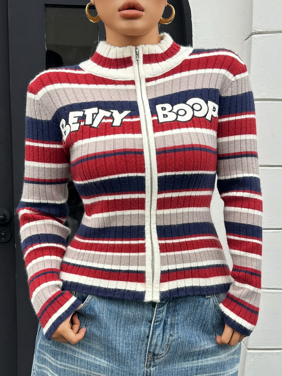Contrast Color Patchwork Striped Letter Jacquard Long Sleeve Street Casual Slim Fit Blogger Autumn/Winter Sweater Cardigan