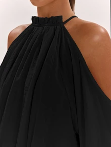 SHEIN BAE 女款純色露肩休閒百搭日常穿著上衣 - 黑色 - 查看 7