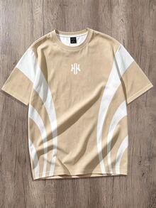 Daypath Minimalist Colorblock Dynamic Striped Crew Neck Short Sleeve T-Shirt, Dynamic Stripes Ignite Fashion Inspiration, Simple Khaki Tone, Unlock Summer Street Style Code, Suitable For Daily Casual, Weekend Outdoor Social - Apricot - View 2