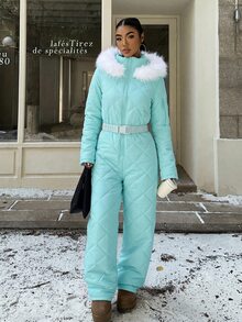 Muchica 白色人造毛帽與厚款女式連身褲，適合秋冬雪地玩樂 - 淺藍色 - 查看 4