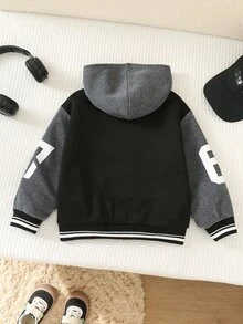 SHEIN 小男孩休閒百搭 67 號色塊拼接厚款連帽外套 - 黑色 - 查看 2