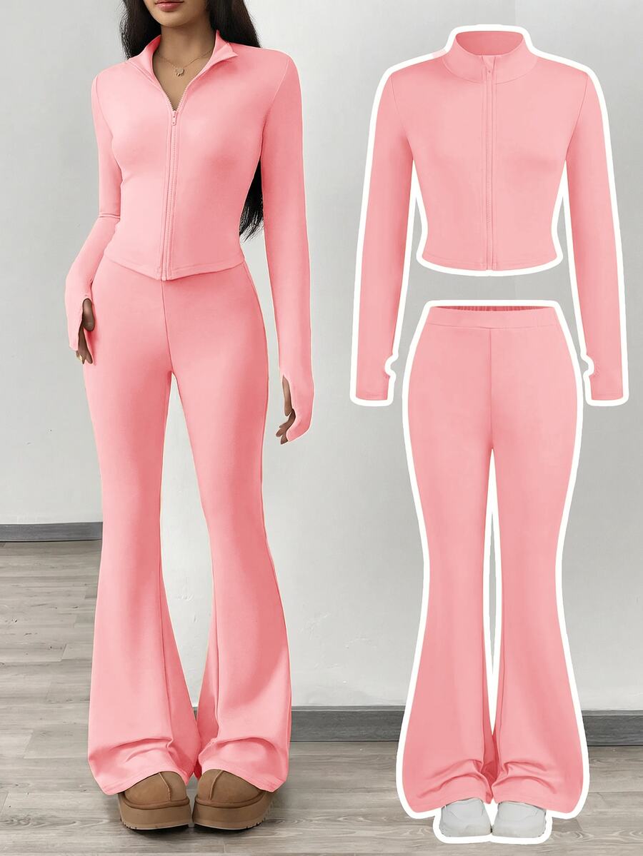 SHEIN Girlism NovaGlow 青少年女孩運動休閒日常針織素色開襟外套與喇叭褲套裝 - 粉色 - 查看 1