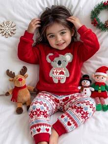 SHEIN Playful Pals Infant Girl Embroidered Red Top & Christmas Pants Fuzzy Set, Comfortable Soft Skin-Friendly Fabric, Suitable For Sleepwear - Red - View 3