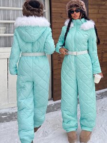 Muchica 白色人造毛帽與厚款女式連身褲，適合秋冬雪地玩樂 - 淺藍色 - 查看 1