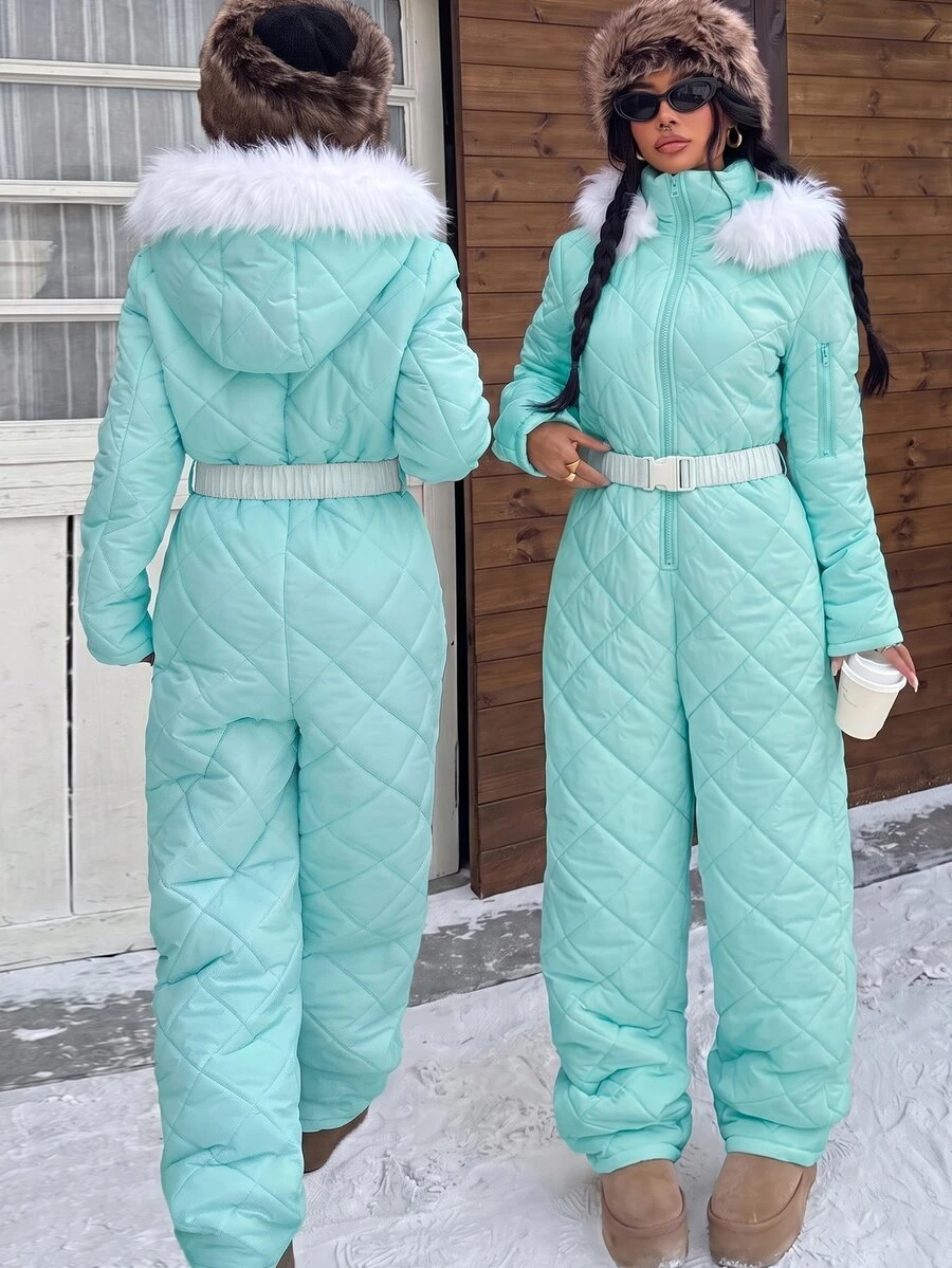 Muchica 白色人造毛帽與厚款女式連身褲,適合秋冬雪地玩樂 - 淺藍色 - 查看 1