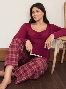 Doze Lane Women's Casual Square Neck Solid Color Long Sleeve Top + Plaid Pants Plus Size Pajama Set - Burgundy - View 1
