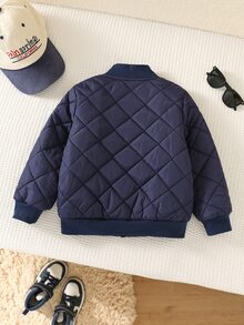 SHEIN 兒童小男孩休閒舒適梭織標籤口袋抓絨內裡連帽加厚填充外套冬季外套 - 藏蓝色 - 查看 2