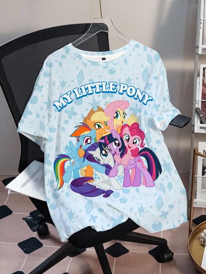 My Little Pony X SHEIN Plus Size Women's Letter Cartoon Print Casual Daily Short Sleeve T-Shirt