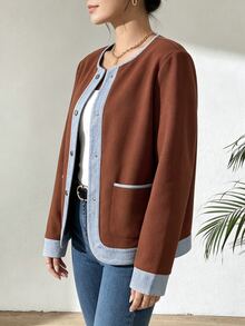 SHEIN Raffinéa Women's Autumn/Winter Fashion Commuter Round Neck Solid Color Patchwork Effect Long Sleeve Jacket, Suitable For Daily Wear, Elegant And Sophisticated - Brown - View 6