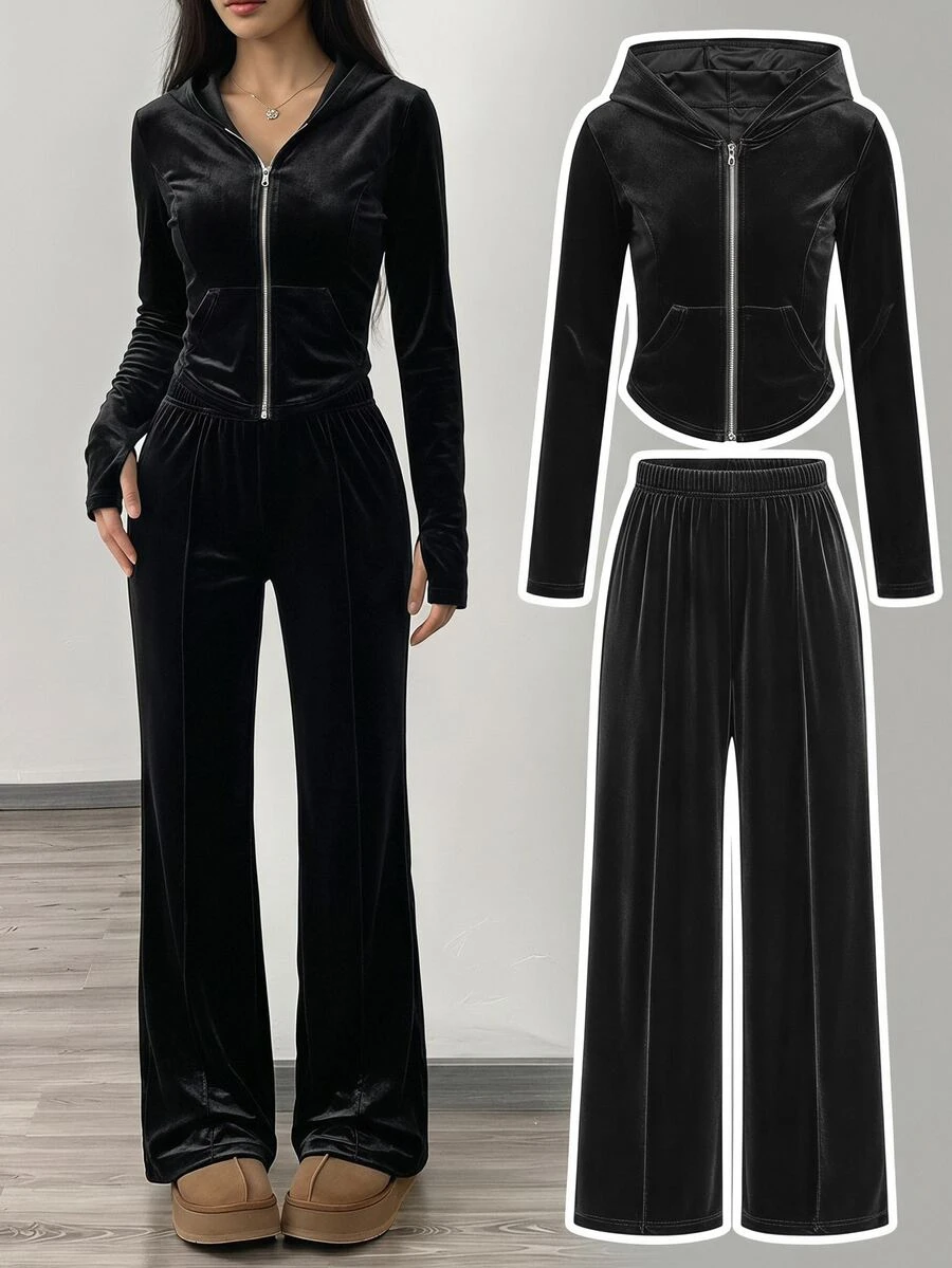 SHEIN Tween女孩秋冬休閒優雅針織天鵝絨黑色連帽拉鍊刺繡貼布口袋長袖修身夾克與長褲2件套 - 黑色 - 查看 1
