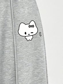 青少年女孩時尚清新可愛兔子蝴蝶結懶貓動物圖案字母標語印花 2合1露肩細肩帶短袖T恤與直筒長褲套裝 - 彩色 - 查看 4