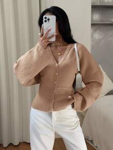 Siren Gaze Women's Solid Color Button-Front Fitted Waist Knit Cardigan, Casual Everyday Wear, Autumn/Winter - Camel - View 3