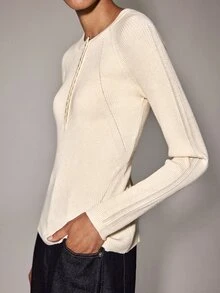 Anewsta Essential Women's Henley Neck Button Detail Long Sleeve Ribbed Knit Top Minimalist Slim Fit Solid Basic Sweater - White - View 5