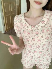 DAZY Women's Floral Print Top And Shorts Cute Pajama Set - Beige - View 5