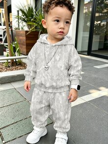 男嬰休閒日常簡約樹枝與葉子圖案基礎連帽衛衣與運動長褲套裝 - 彩色 - 查看 1