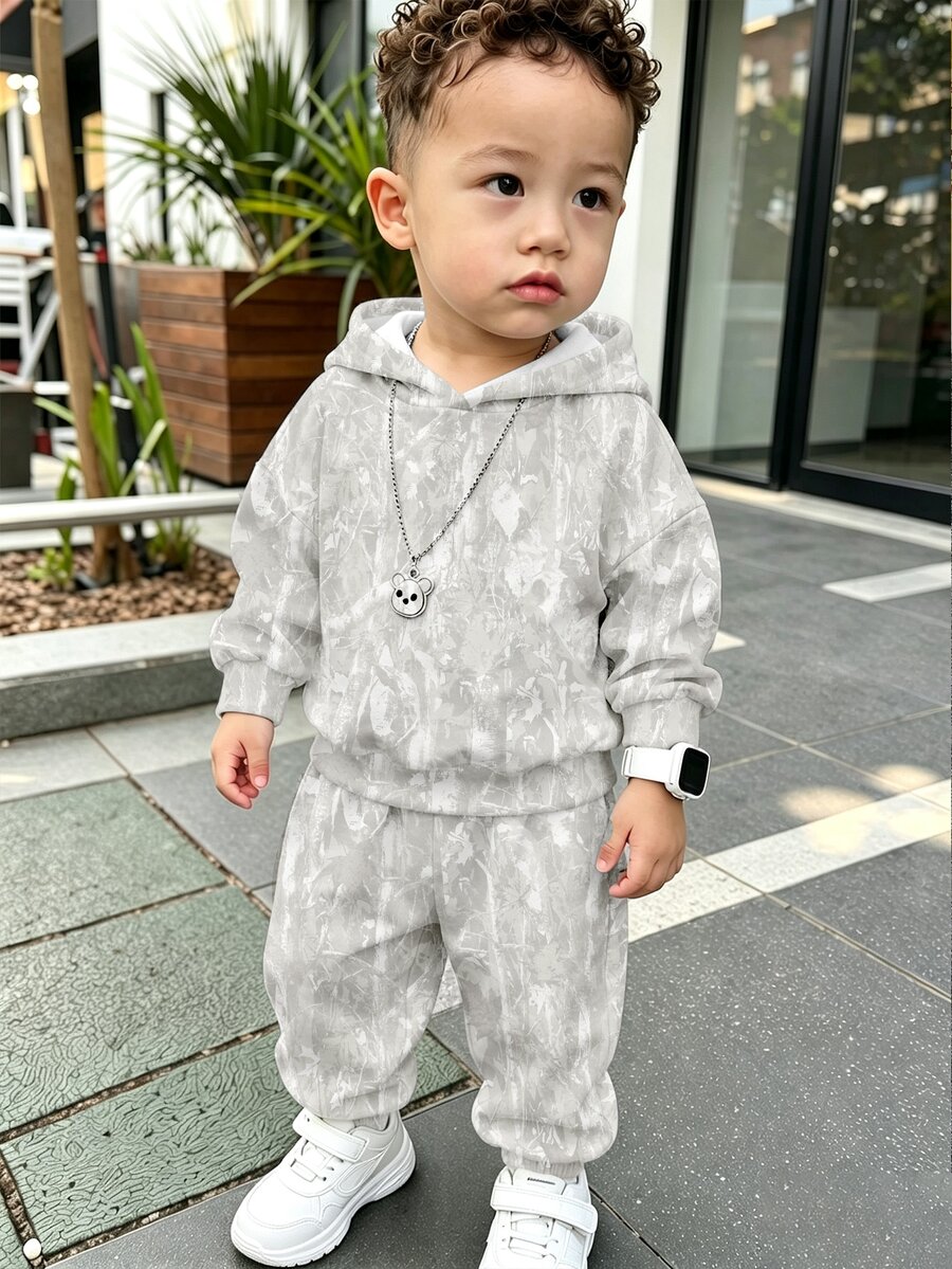 男嬰休閒日常簡約樹枝與葉子圖案基礎連帽衛衣與運動長褲套裝 - 彩色 - 查看 1