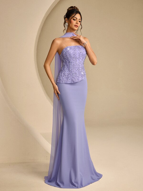 Coutiva Women's Rhinestone Beaded Sequin Patchwork Formal Evening Gown