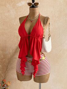 Soleia Bohemian Crochet Beach Shorts, Festival Style High Waist Woven Summer Vacation Casual Beach Pants, Mini Hot Pants Plus Women's Vacation Solid Color Asymmetric Hem Sexy Camisole Top Summer - Red - View 9