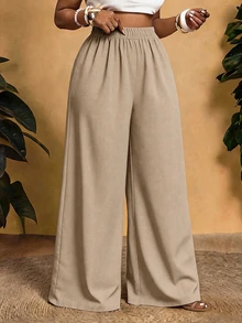 Veslaya Plus Size Casual Vacation Elastic Waist Loose Wide Leg Pants Fall - Apricot - View 1
