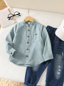 SHEIN 小男孩休閒百搭學院風長袖立領襯衫 - 藍色 - 查看 7