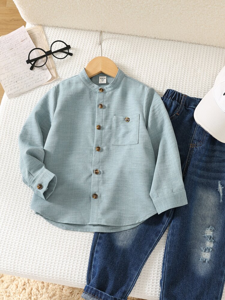 SHEIN Young Boy Casual Versatile, Kids Preppy Style, All-Match Long Sleeve Stand Collar Shirt - Blue - View 7