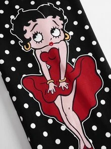 Betty Boop x SHEIN 女款波點字母卡通印花休閒日常修身緊身褲 - 黑色 - 查看 5