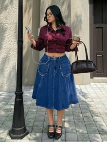 Rivivi 大尺碼女款鈕扣休閒日常牛仔迷你裙 - 藍色 - 查看 5