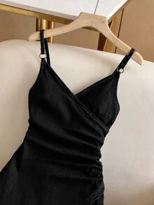 Breezaya 女款抓皺修身性感細肩帶牛仔洋裝 - 黑色 - 查看 7