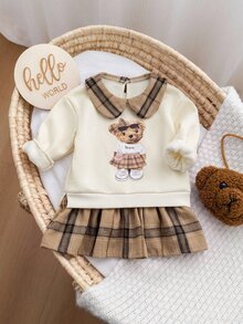 SHEIN Babygirl Cute College Style Casual Cartoon Pattern Collared Autumn Winter Dress - White - View 6