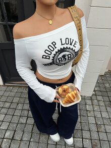 Betty Boop x DAZY Curve Plus Size Letter Print Cold Shoulder Fitted Long Sleeve White Sexy Top T-Shirt Fall Graphic Tees - White - View 8