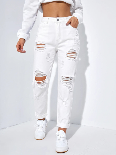 SHEIN EZwear Women's Casual Daily Wear Denim Jeans With Pocket, Button And Distressed Design