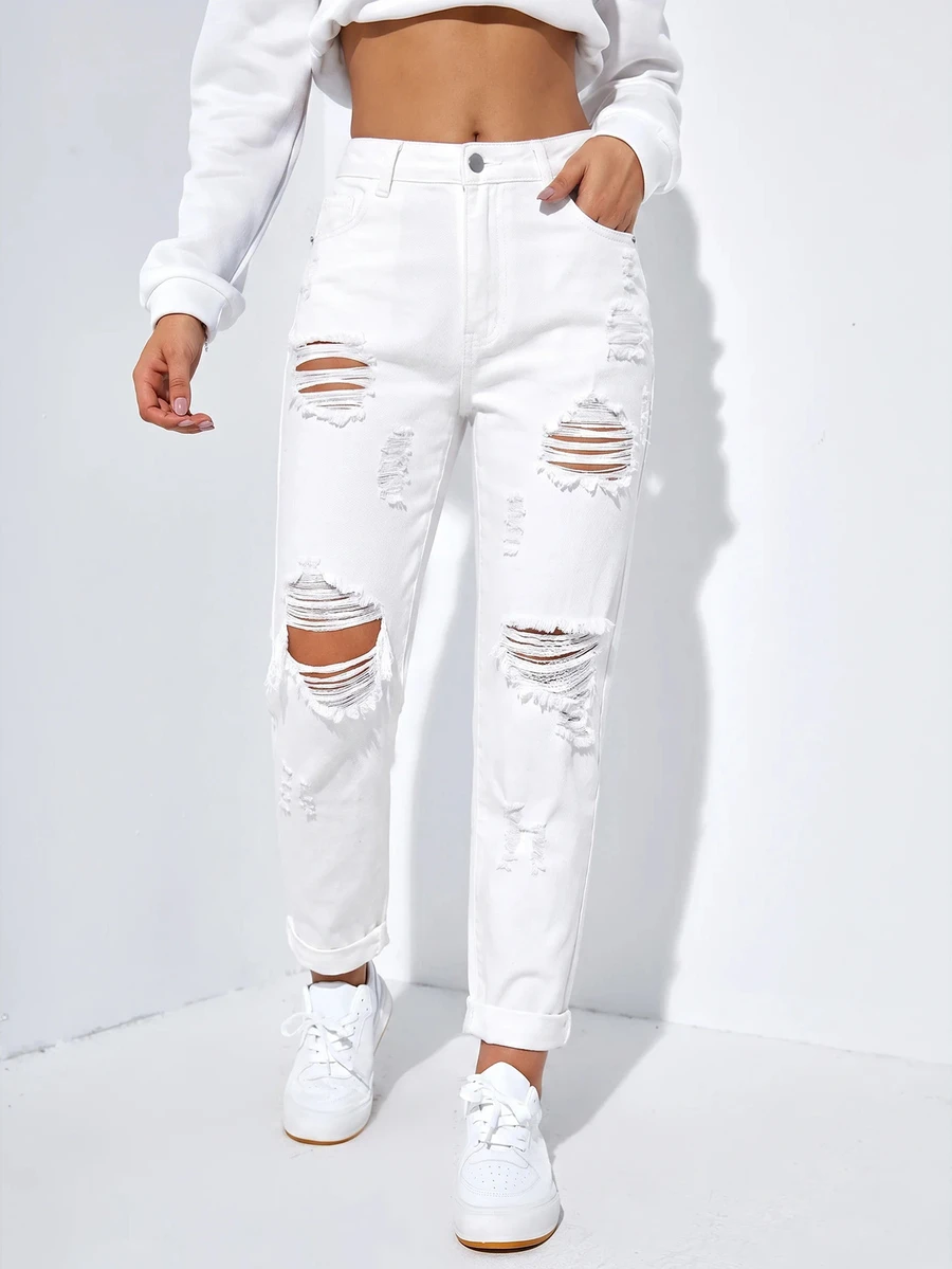 SHEIN EZwear 女款休閒日常穿著牛仔褲,附口袋、鈕扣與破洞設計 - 白色 - 查看 1